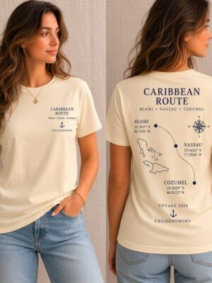 Caribbean Route Cruise Tee – Natural Sand Front & Back Mockup