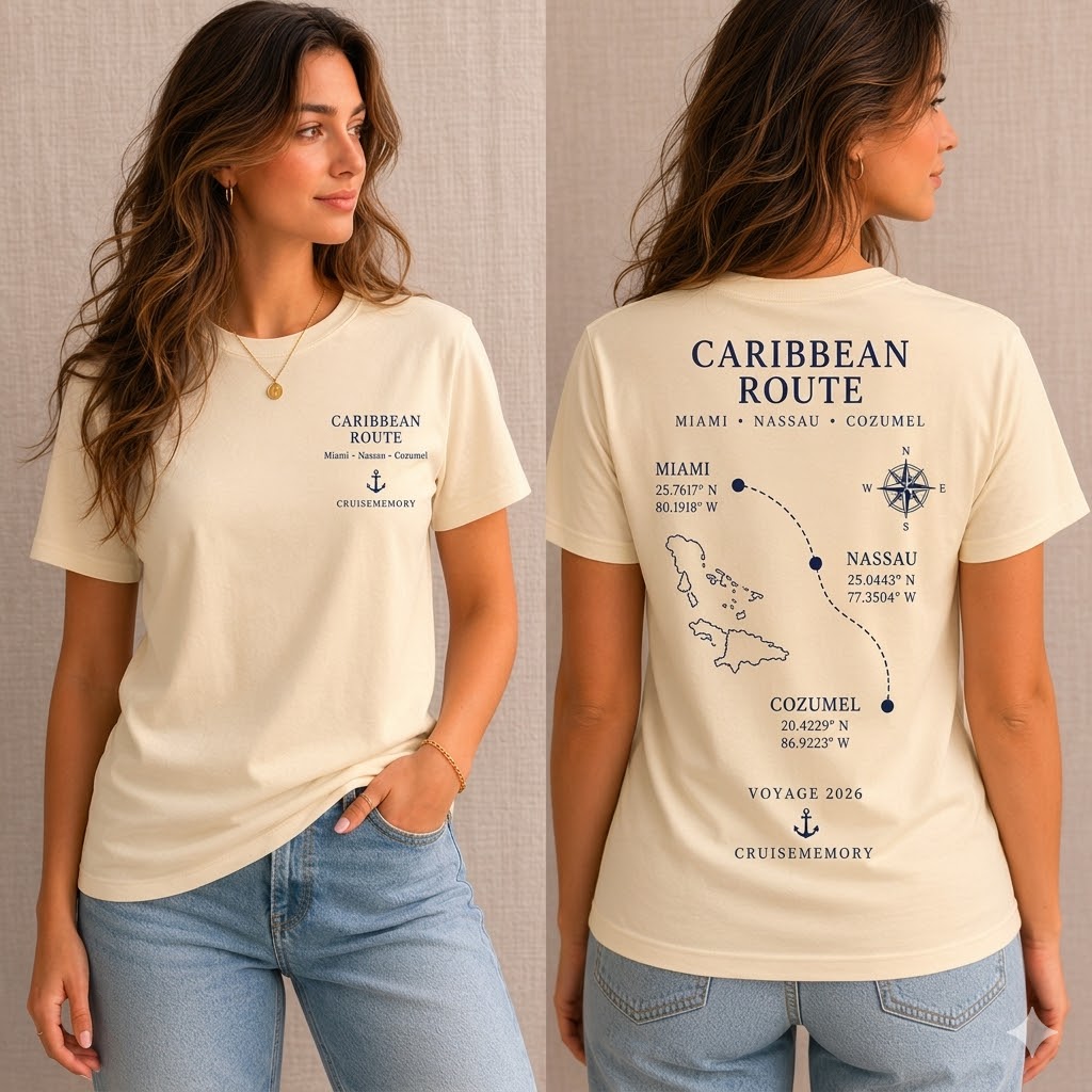 Caribbean Route Cruise Tee – Natural Sand Front & Back Mockup