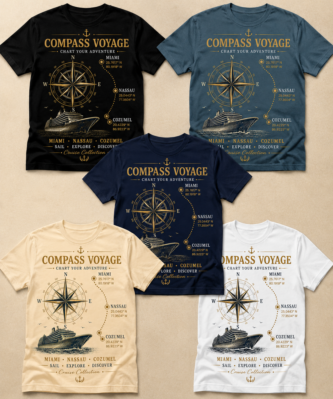 Compass Voyage Cruise Collection – 5 Colorways Tee Bundle