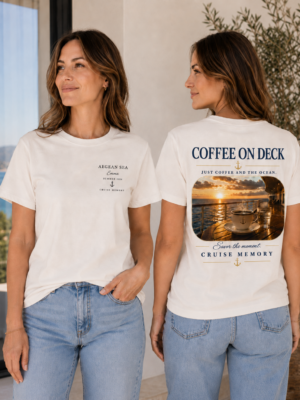 Coffee on Deck Personalized Cruise Tee – White Women’s Front & Back Mockup