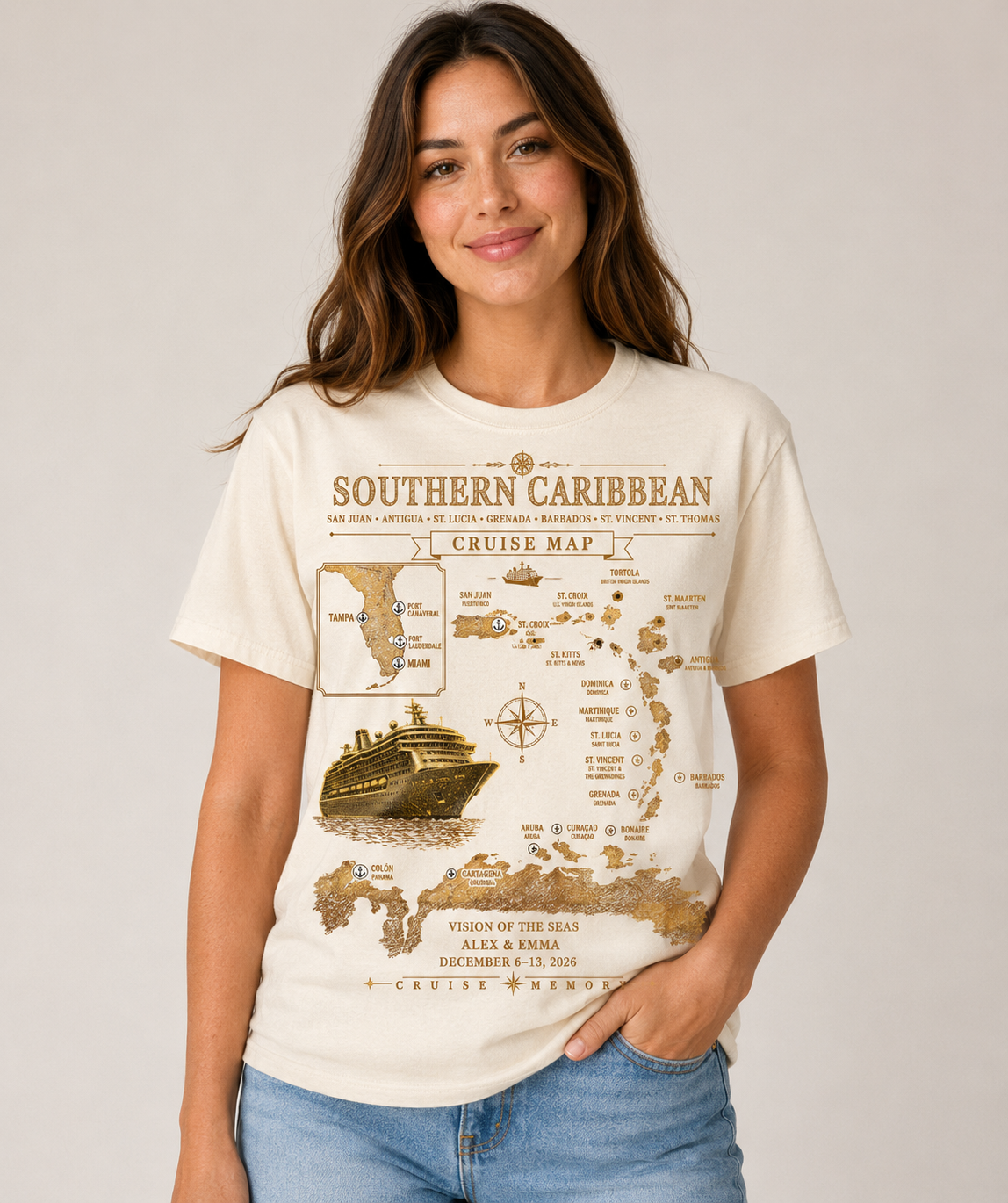 Personalized Southern Caribbean Cruise Map T-Shirt – Women’s Natural Mockup