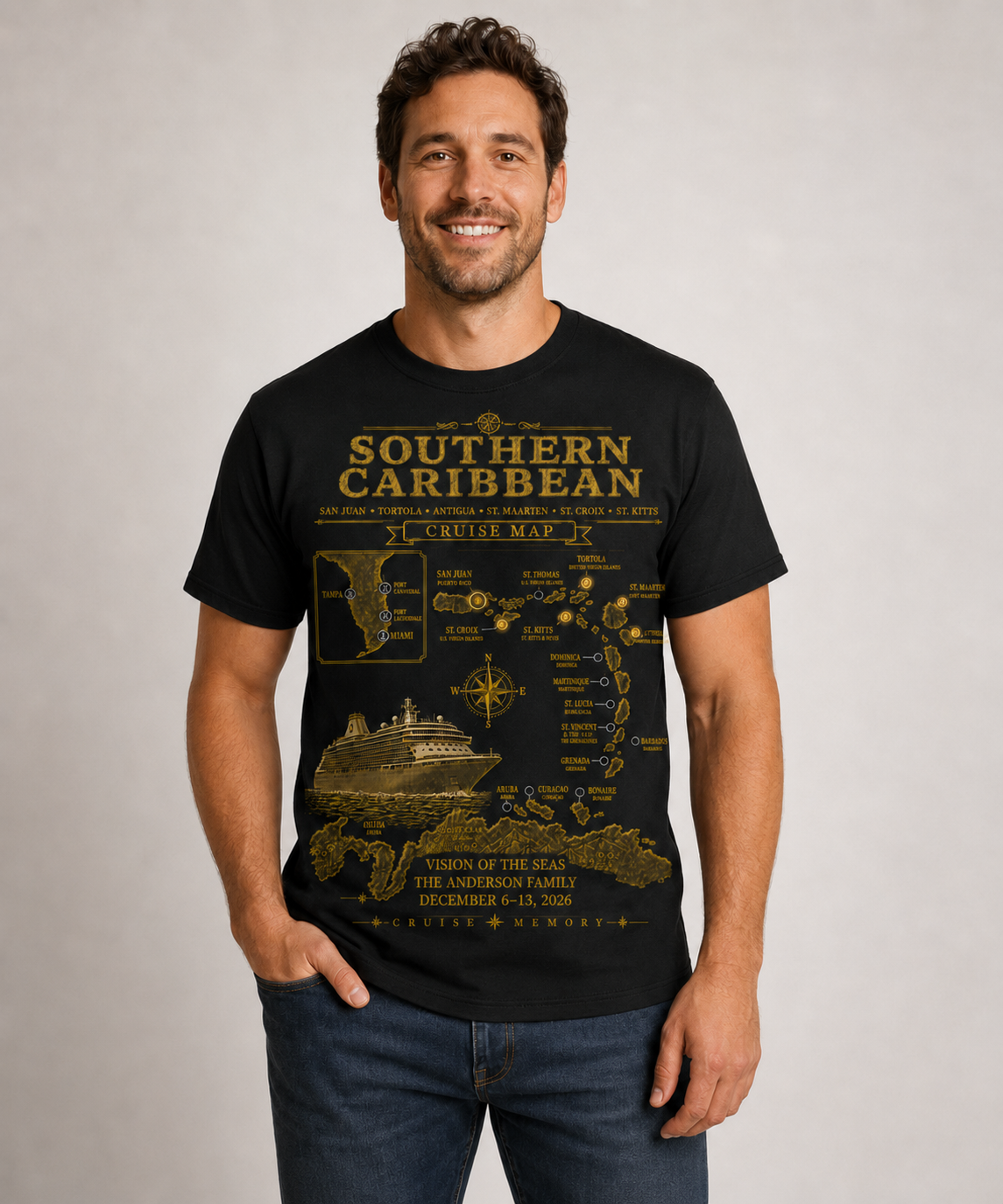 Personalized Classic Custom Cruise Map T-Shirt – Add Your Ports, Ship, Names & Voyage Date