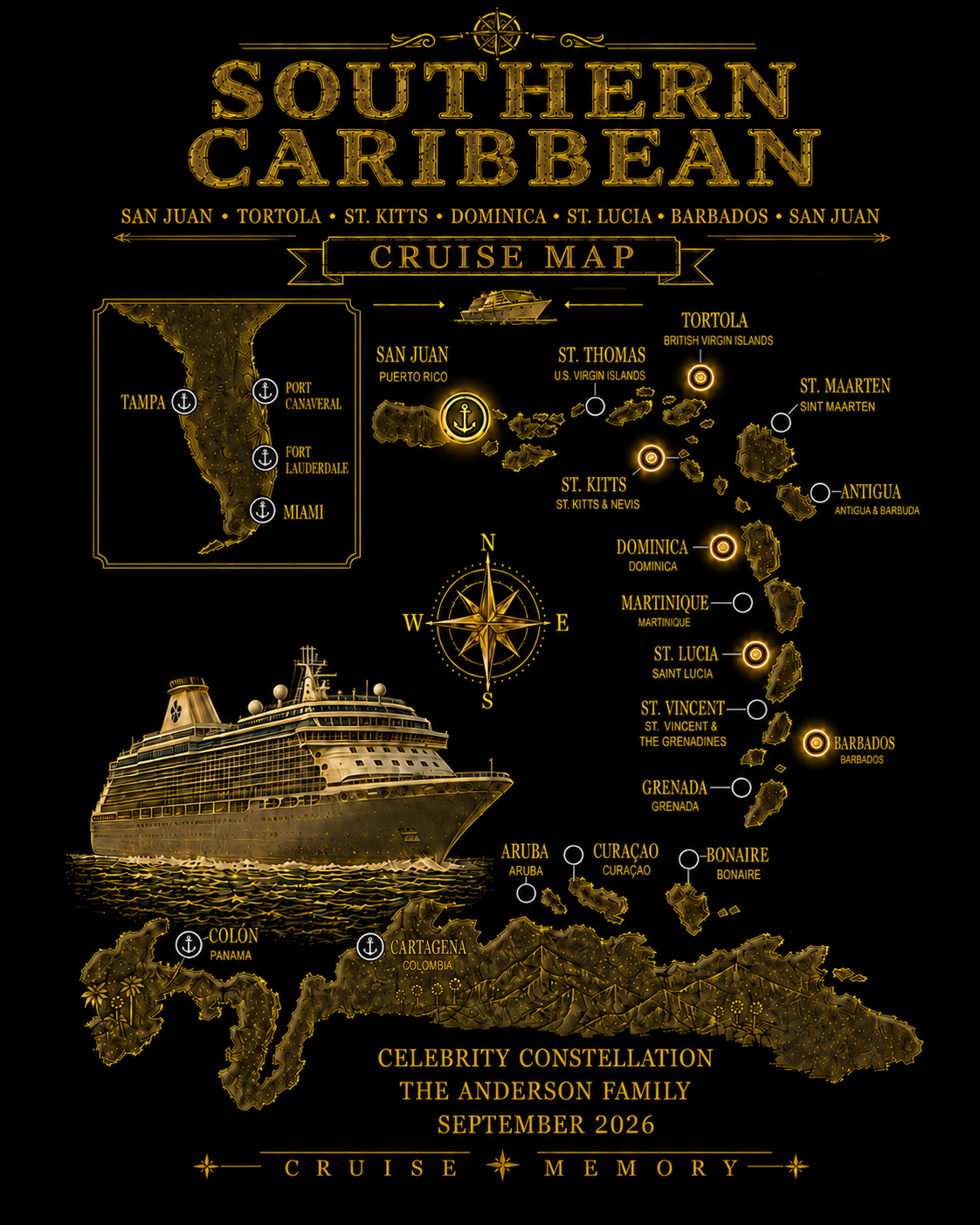 Personalized Classic Custom Cruise Map T-Shirt – Add Your Ports, Ship, Names & Voyage Date - Image 7