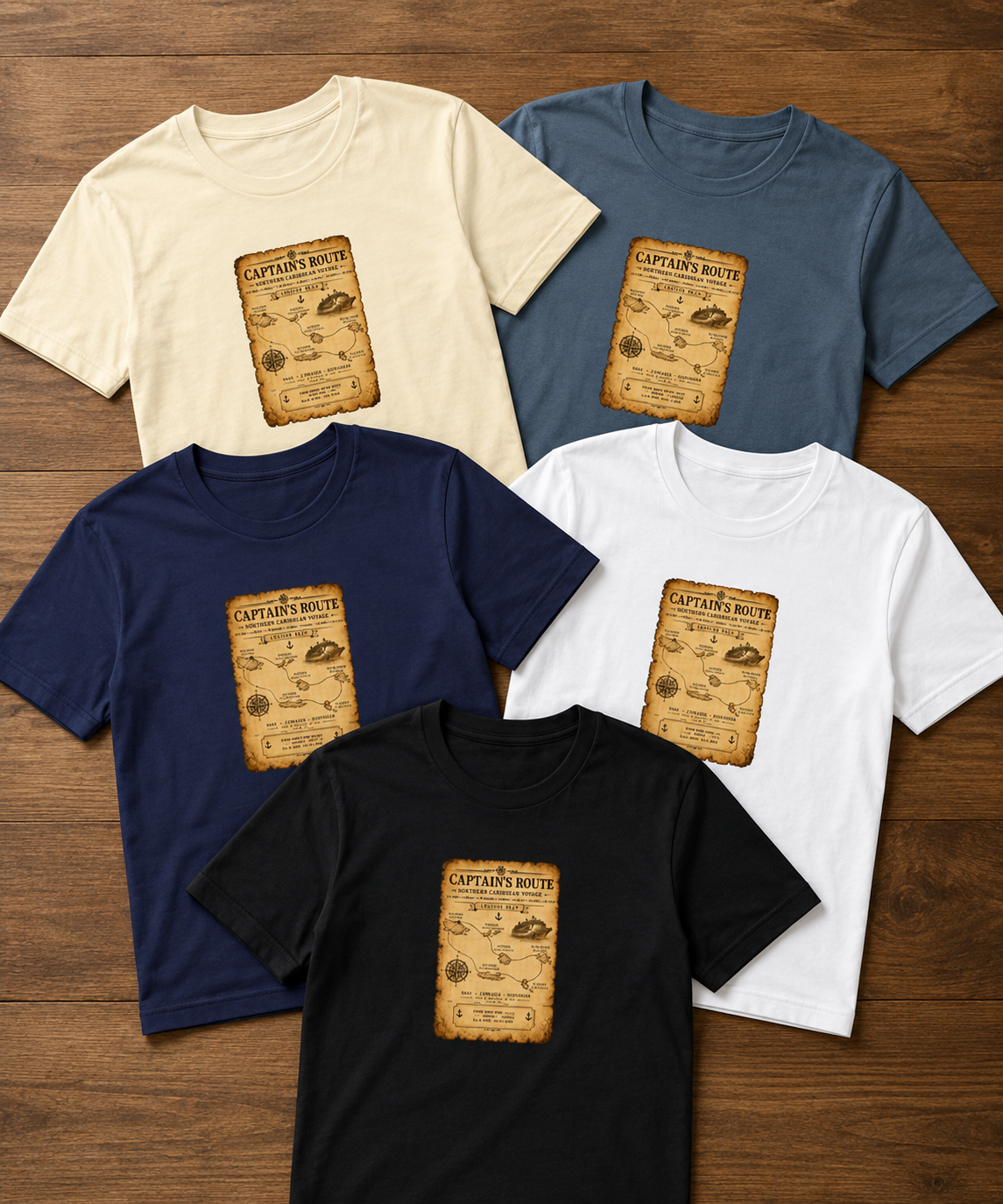 Captain’s Route Vintage Cruise Map T-Shirts – Five Color Flat Lay