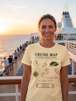 Personalized Southern Caribbean Cruise Map T-Shirt – Natural Women’s Sunset Deck Mockup