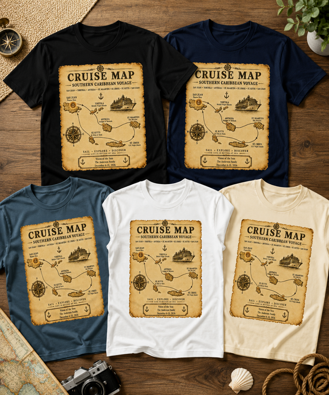 Personalized Southern Caribbean Vintage Cruise Map T-Shirts – Five Color Flat Lay