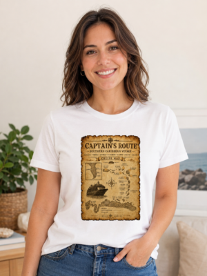 Woman Wearing a Personalized Captain’s Route Southern Caribbean Cruise T-Shirt in White