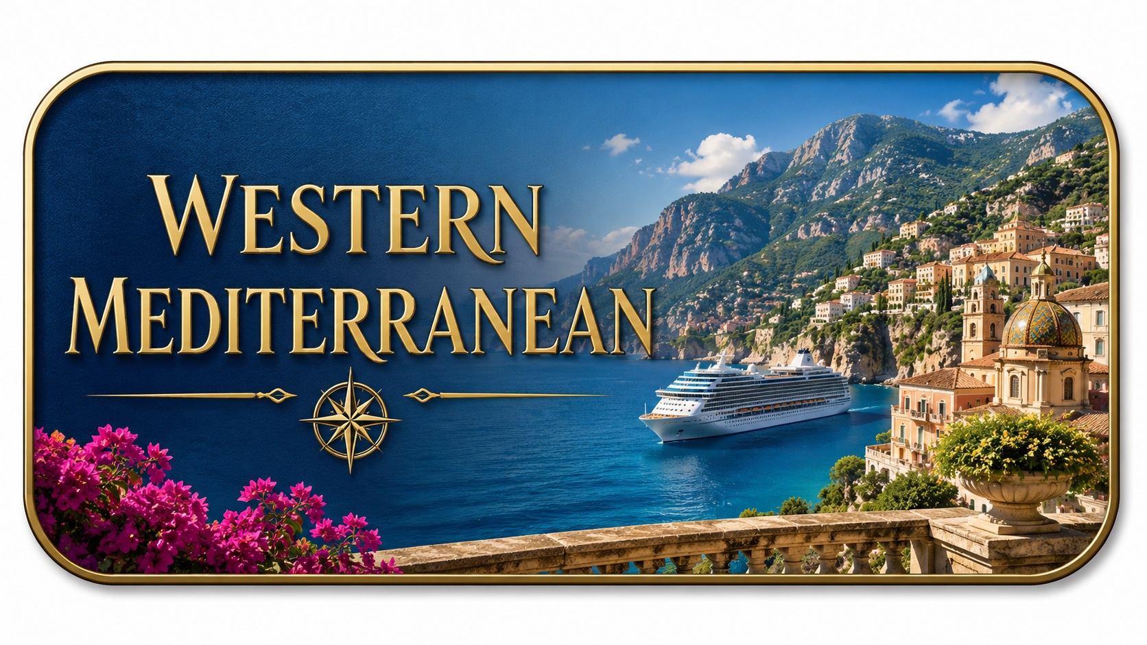 Western Mediterranean cruise destination with coastal town and cruise ship