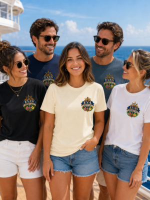 Birthday cruise squad wearing personalized cruise shirts together on a cruise ship deck