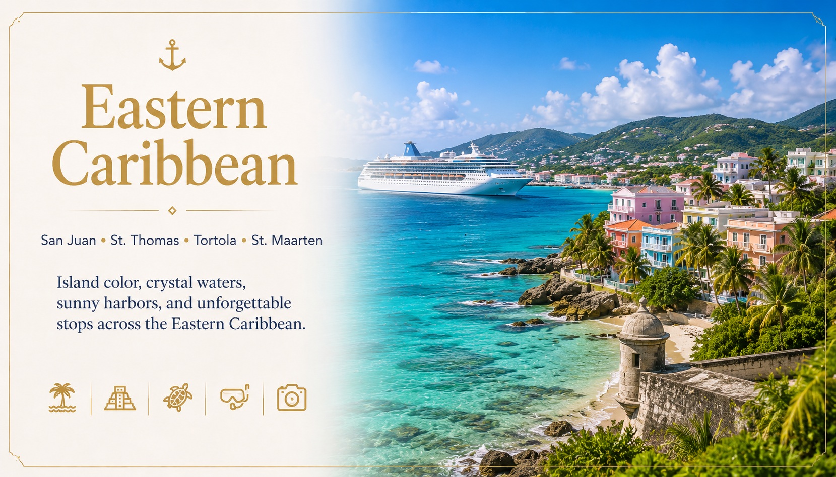 Eastern Caribbean cruise destination banner with tropical coastline and cruise ship
