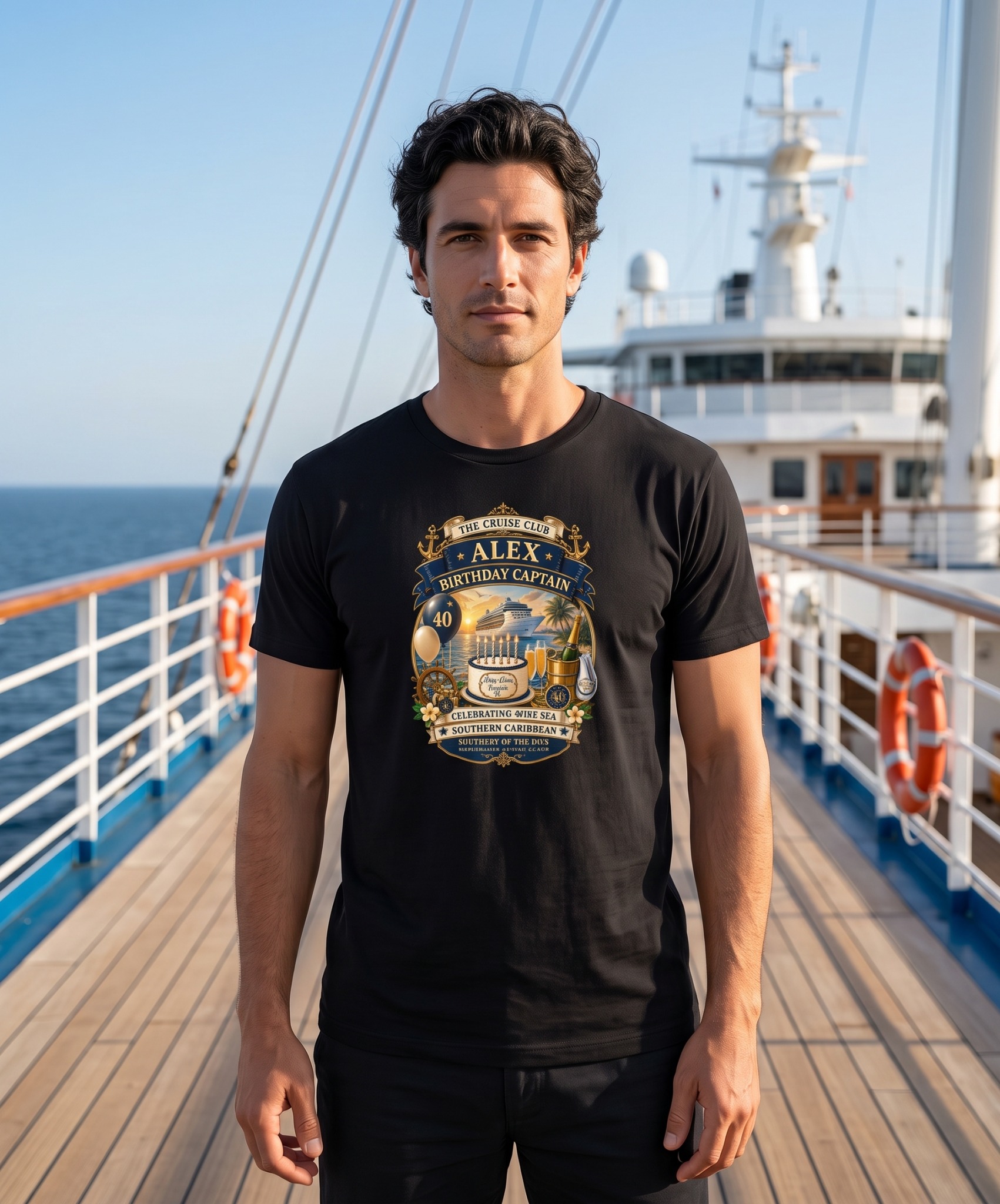 Personalized Birthday Captain Cruise T-Shirt – Black Mockup