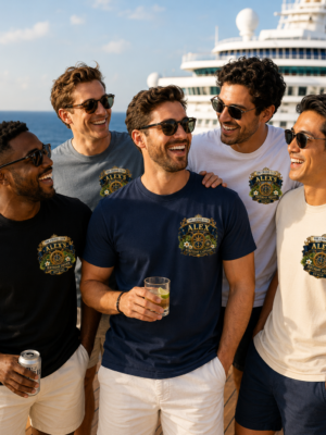 Group mockup of personalized birthday cruise shirts on a ship deck with the Birthday Captain in the center and Birthday Squad members around him
