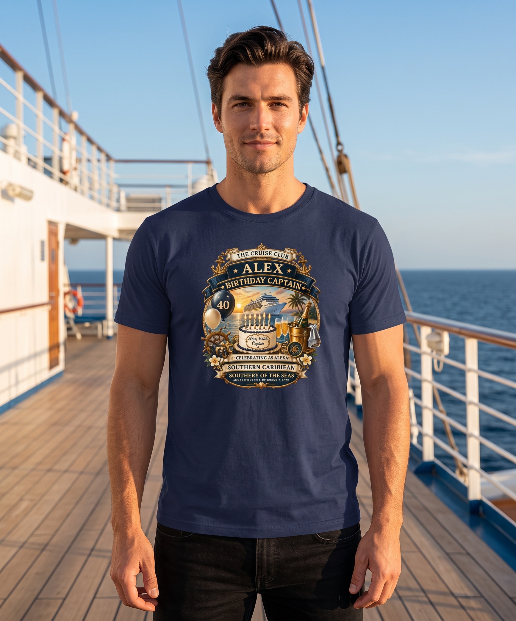 Personalized Birthday Captain Cruise T-Shirt – Navy Mockup