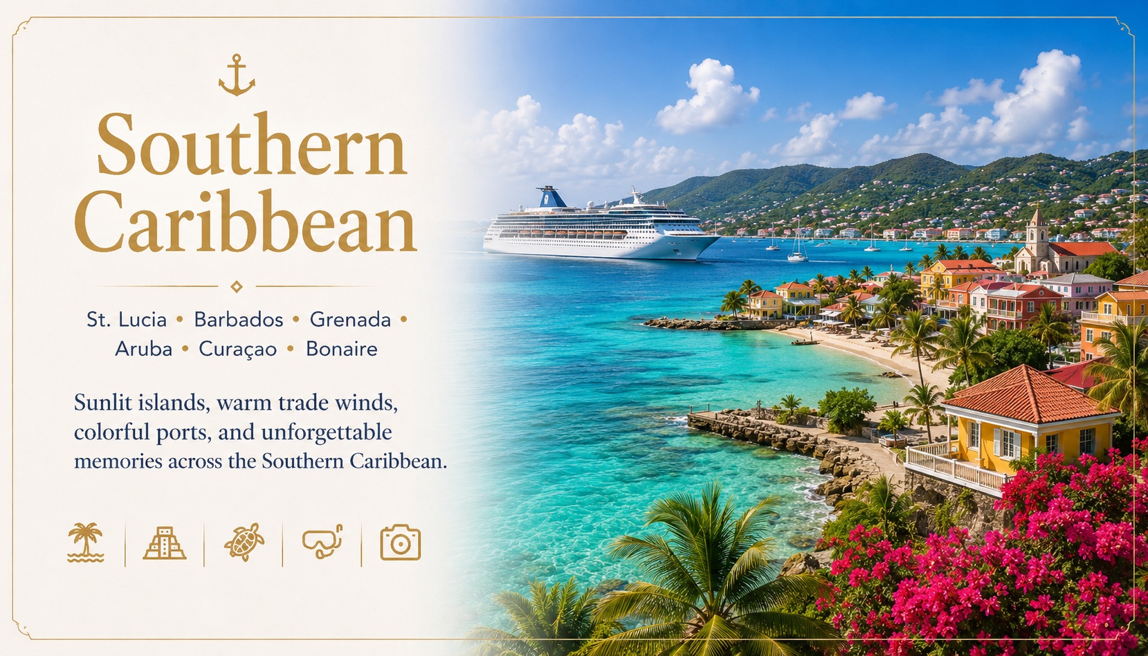 Southern Caribbean cruise destination banner with Caribbean islands and cruise ship