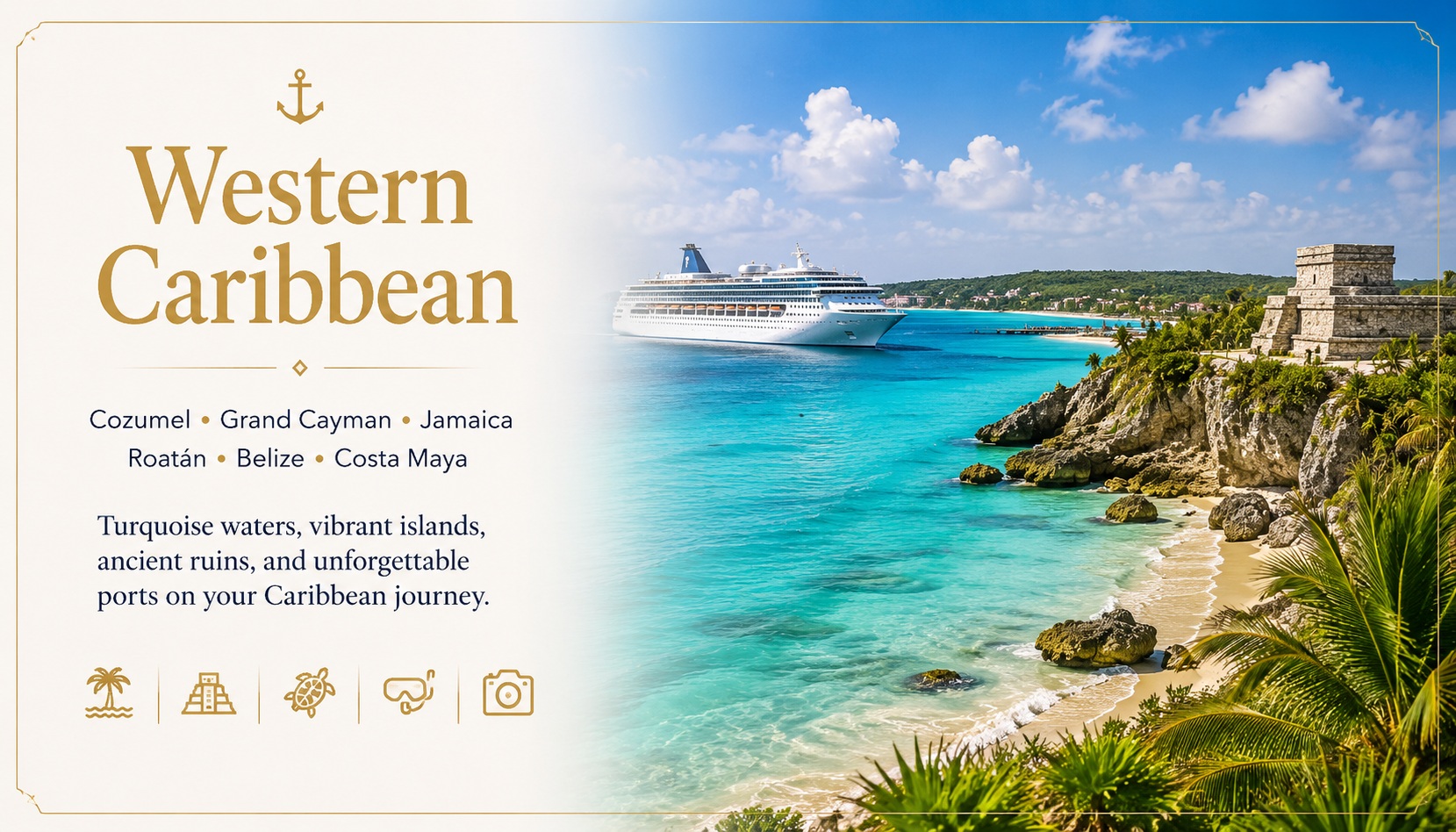 Western Caribbean cruise destination banner with tropical islands and cruise ship