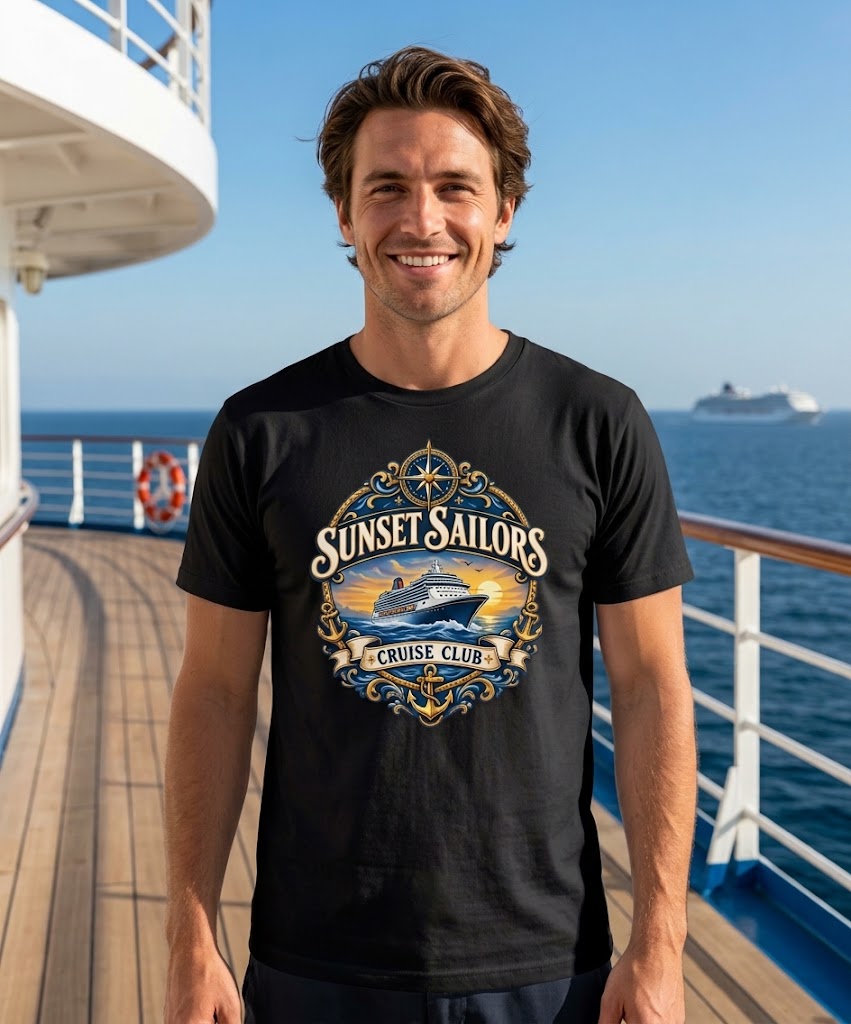 Personalized Cruise Club T-Shirt in Black with Sunset Sailors design on a cruise ship deck