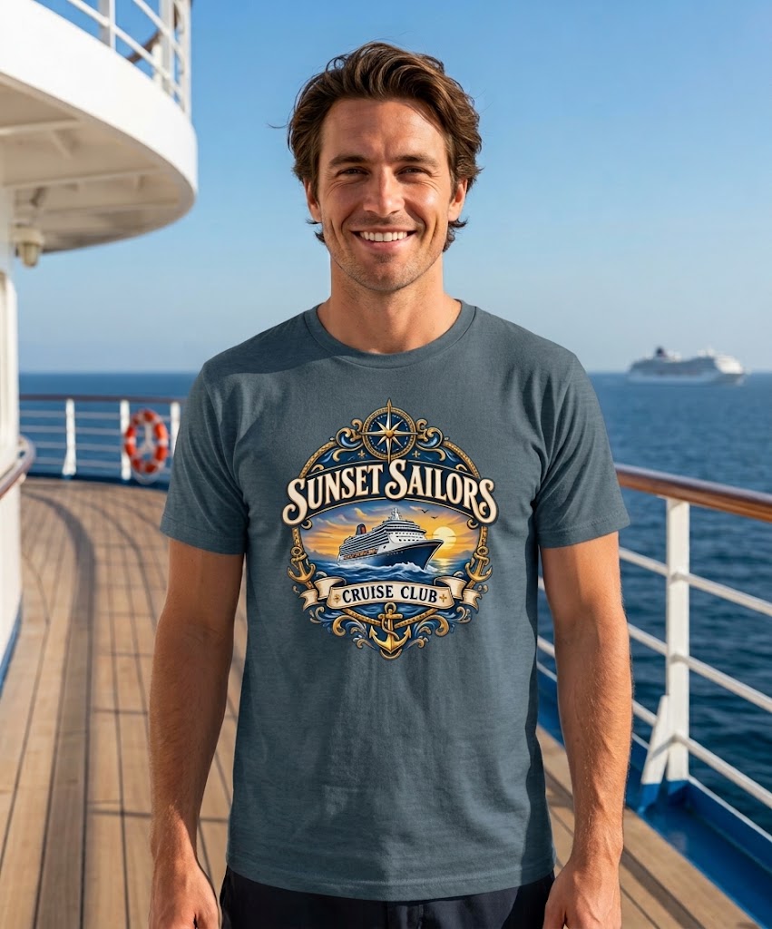 Personalized Cruise Club T-Shirt in Heather Slate with Sunset Sailors design on a cruise ship deck