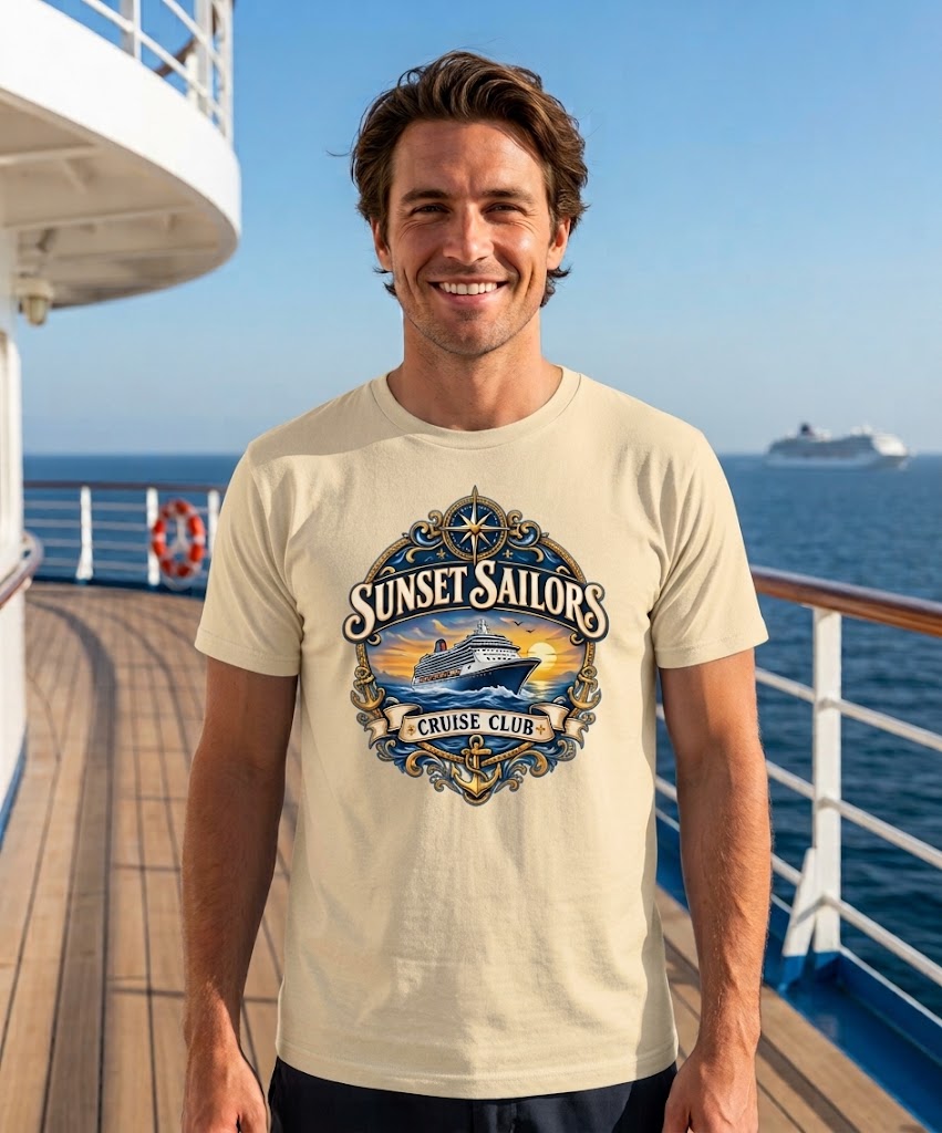 Personalized Cruise Club T-Shirt in Natural with Sunset Sailors design on a cruise ship deck