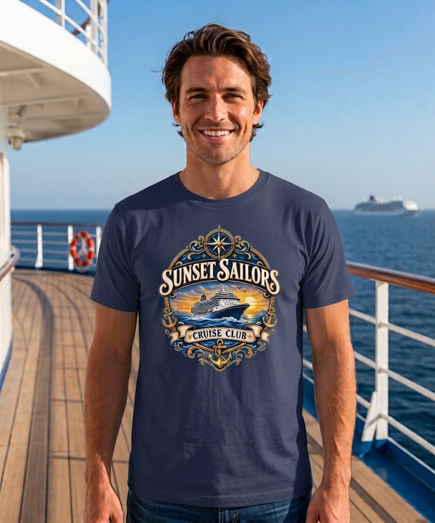 Personalized Cruise Club T-Shirt in Navy with Sunset Sailors design on a cruise ship deck