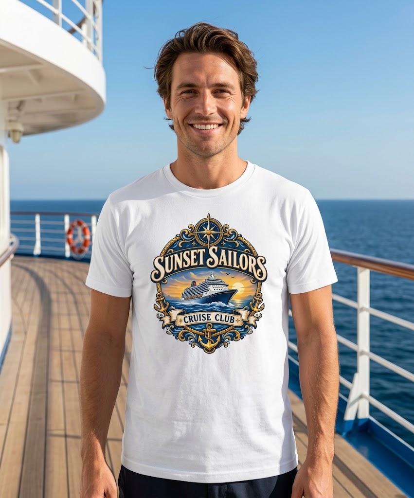 Personalized Cruise Club T-Shirt in White with Sunset Sailors design on a cruise ship deck