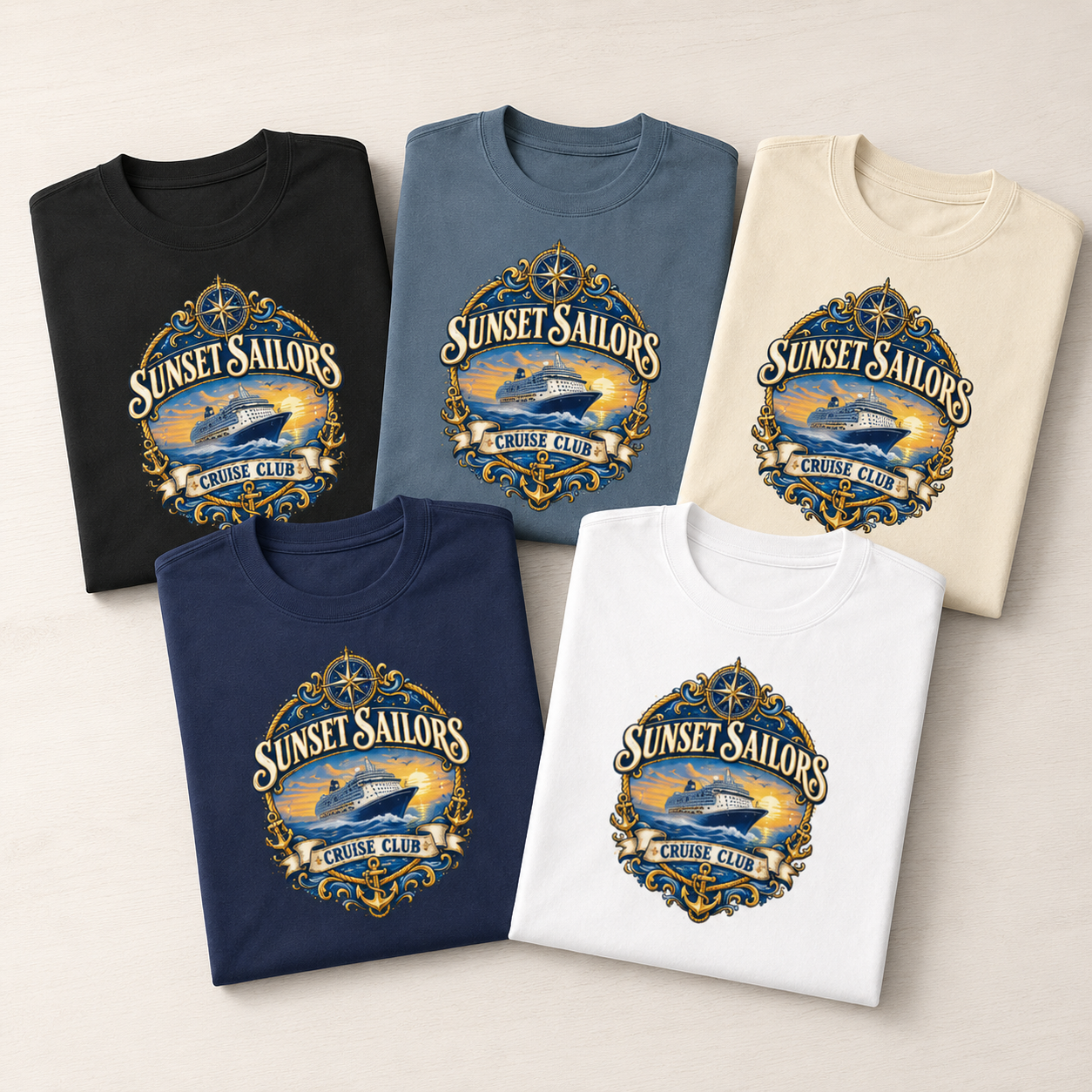 Personalized Cruise Club T-Shirts in Black, Heather Slate, Natural, Navy and White with Sunset Sailors Design